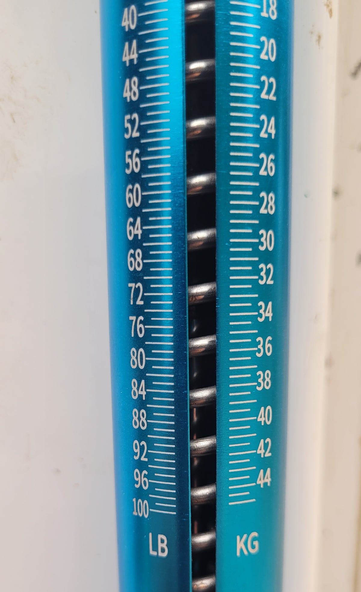 Close-up of a blue measuring device with white printed weight markings in pounds and kilograms, showing a spring mechanism between the scales.