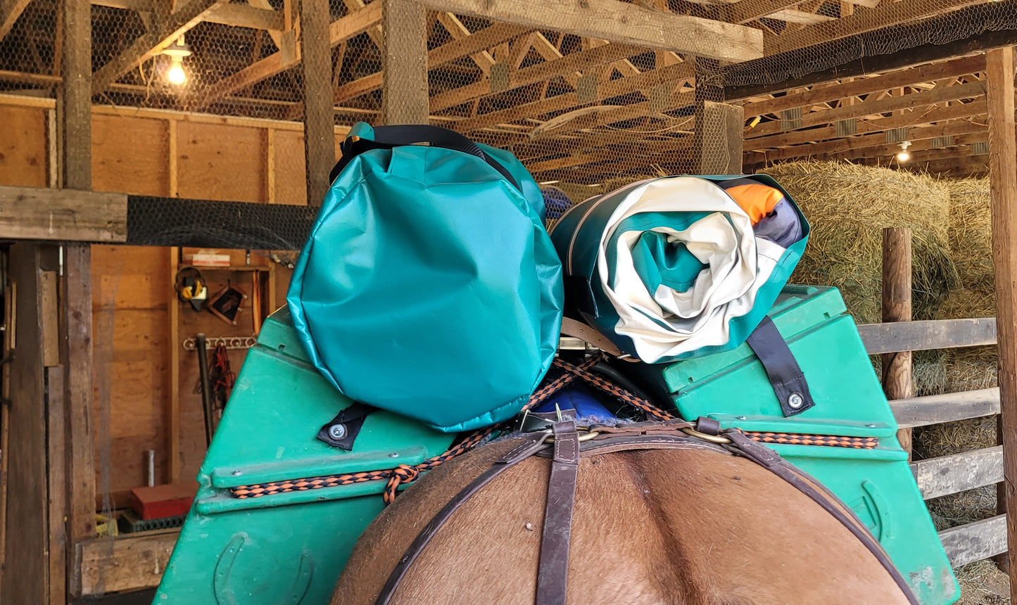 bedroll and gearbag on pack saddle